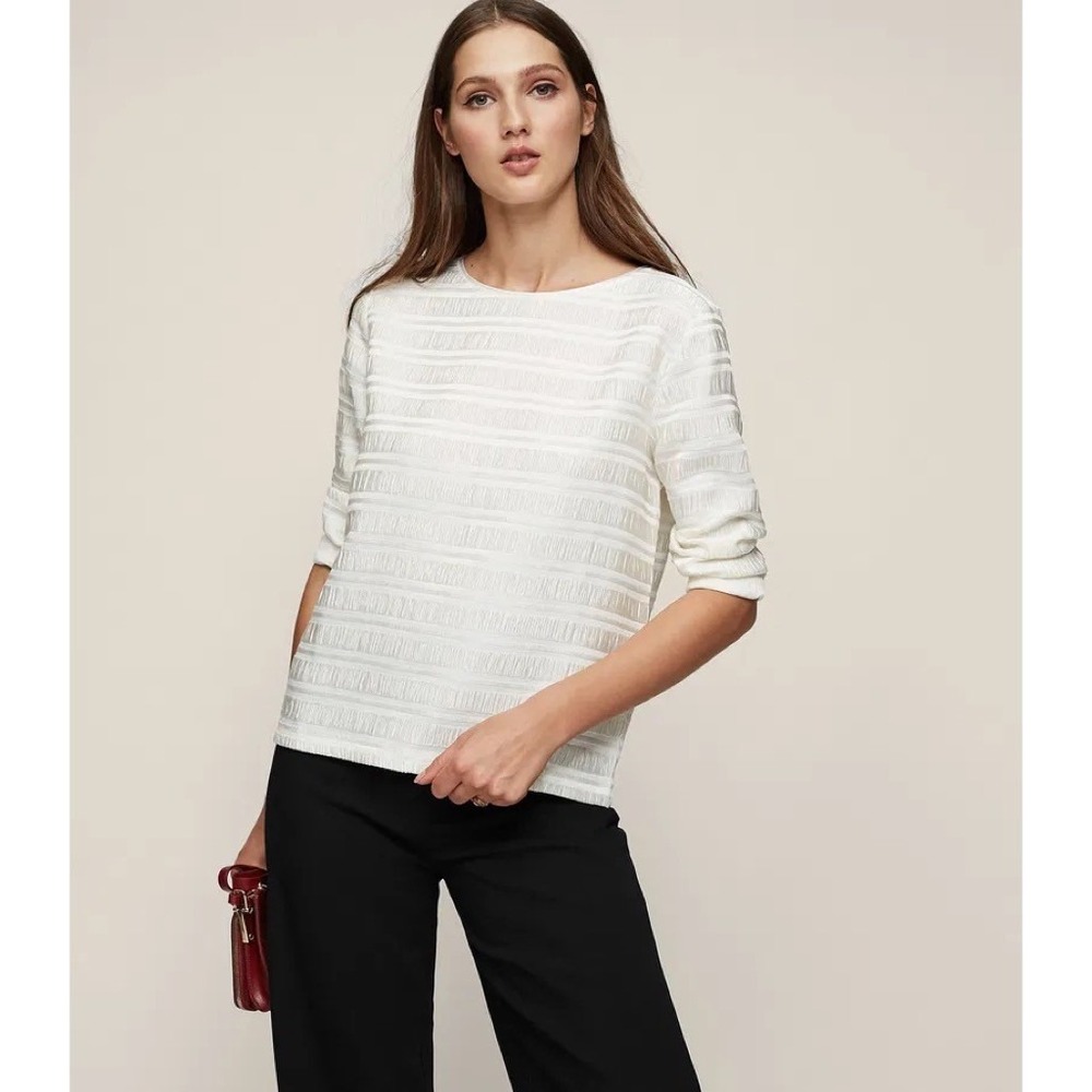 REISS Mandy Pleat-Detail Top Blouse White Solid Pullover Chic Professional Large